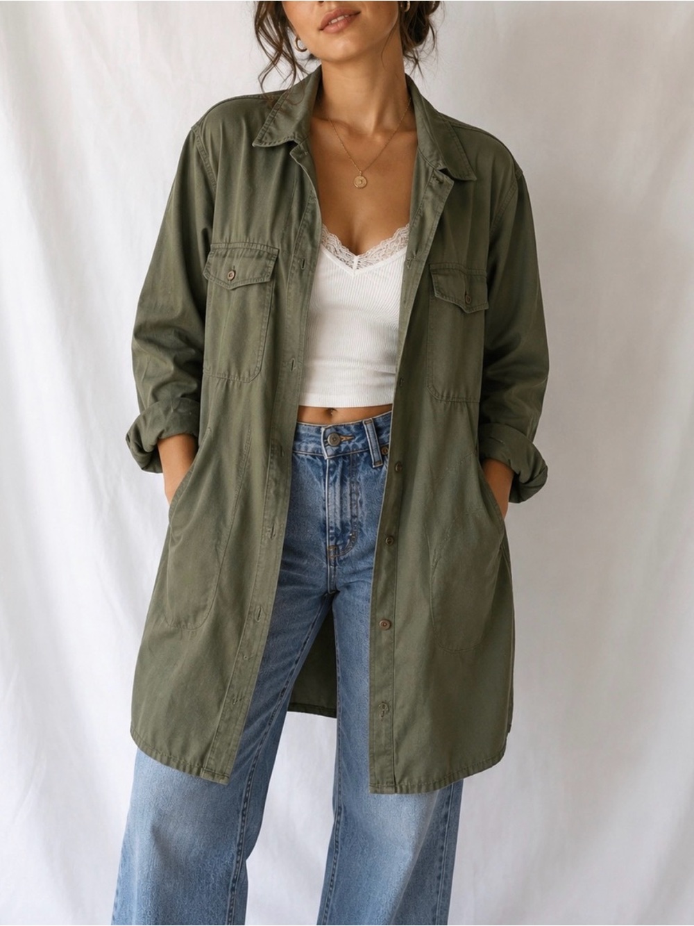 Lucky Brand Utility Shirt Dress Women’s Medium Olive Green Button Long Sleeve
